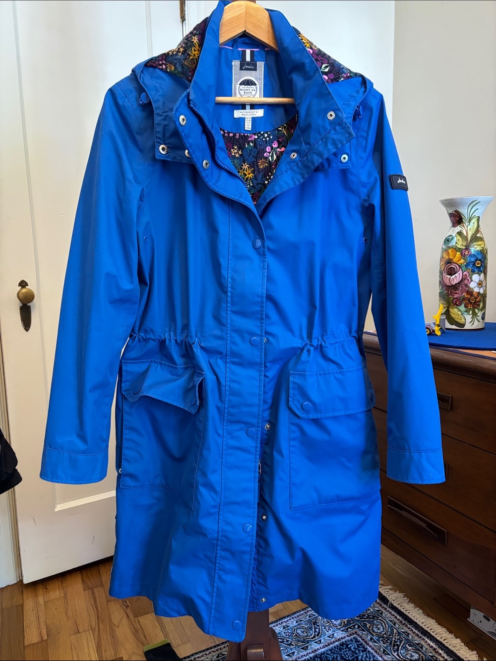 Joules Bright Blue Hooded Trench Coat with Floral Lining